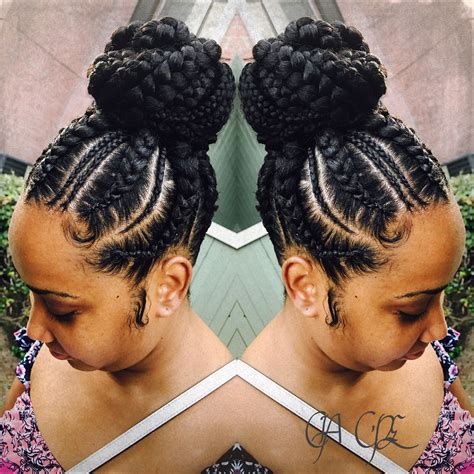 black hair braided up in a bun|high bun hairstyle black women.